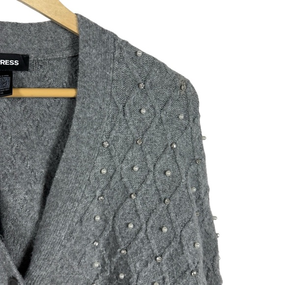 Express Embellished V-Neck Balloon Sleeve Cardigan in Grey Size XS - Picture 7 of 15